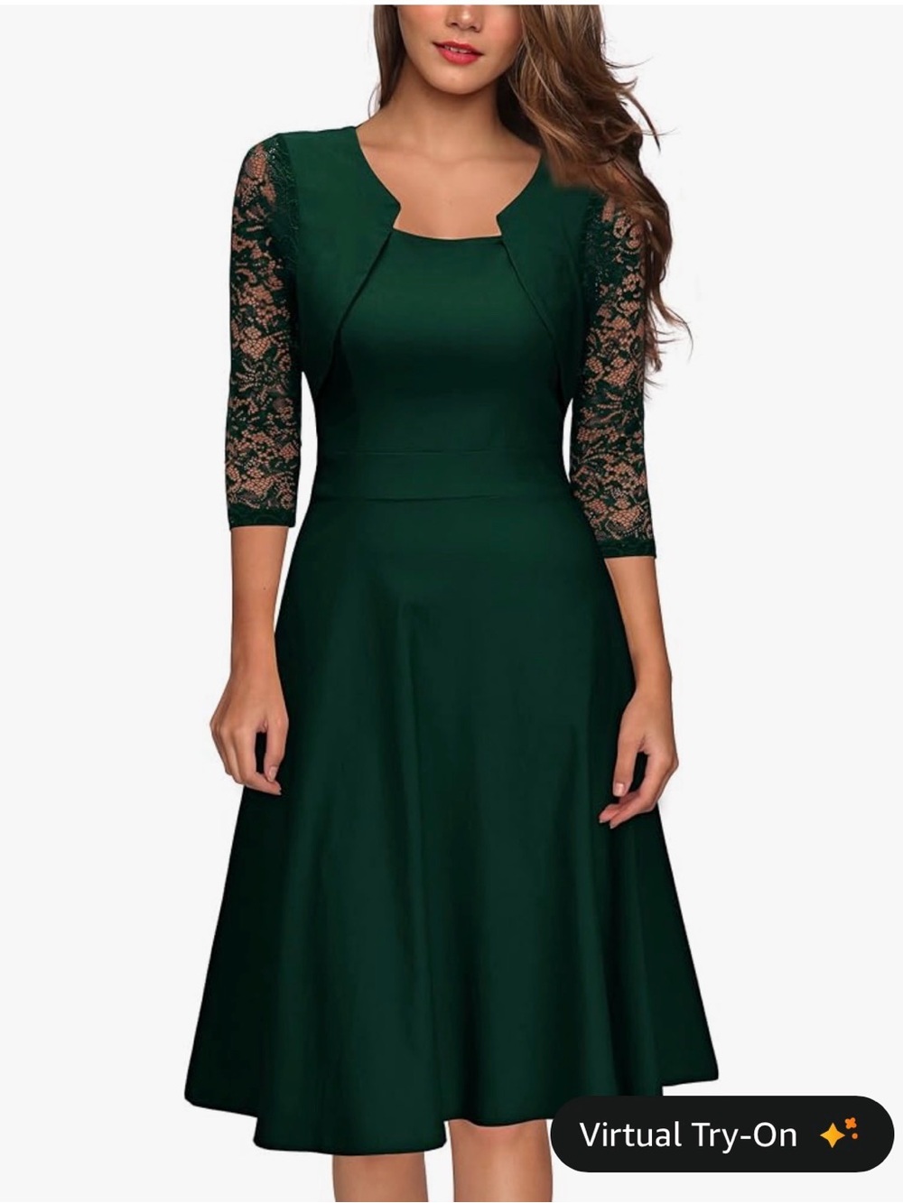 Emerald Green Lace-Sleeve Women's Dress